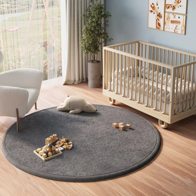 Tapiso Fluffin Rond Vloerkleed Donkergrijs Traagschuim Zacht Antislip Wasbaar Kinderkamer Slaapkamer Tapijt