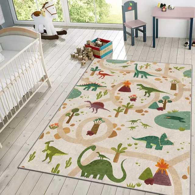Zeo Wood Vloerkleed Kinderkamer - Speelkleed Baby - Speelmat - Speeltapijt - Tapijt voor Kinderkamer - Vloerkleed Baby Dino Avontuur
