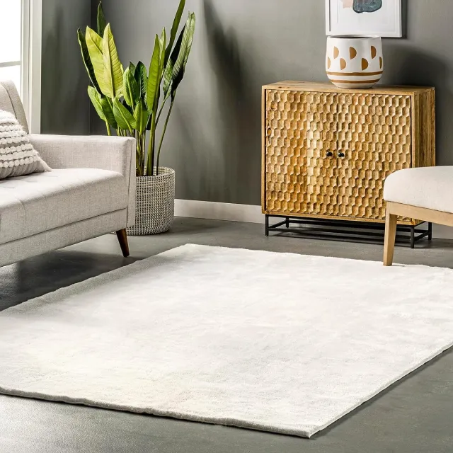 flycarpets Solid Hoogpolig & Wasbaar Effen Vloerkleed - Wit - Woonkamer Tapijt - 160x230 cm