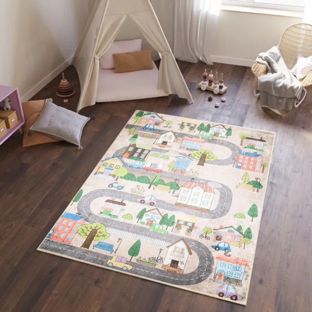 Tapiso Emma Vloerkleed Kinderkamer Babykamer Straat Kindervloerkleed Beige