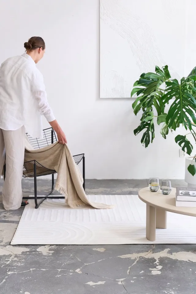 Tapiso Hygge Vierkant Vloerkleed Crème-Wit Modern Laagpolig Tapijt 3D Geometrisch Kleed met Strepen en Cirkels Skandi & Boho Design Woonkamer Salon Slaapkamer OEKO-TEX Creme Wit