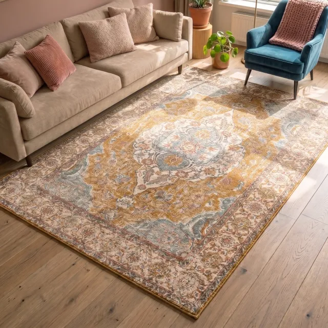 Fraai Vintage vloerkleed - Thirza Medaillon Okergeel/Multicolor - 80x150cm