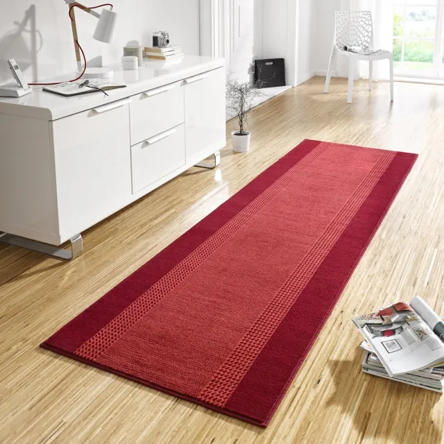 flycarpets Loper Designer Velours - Lijstmotief / Kader - Laagpolig - Rood 80x450 cm