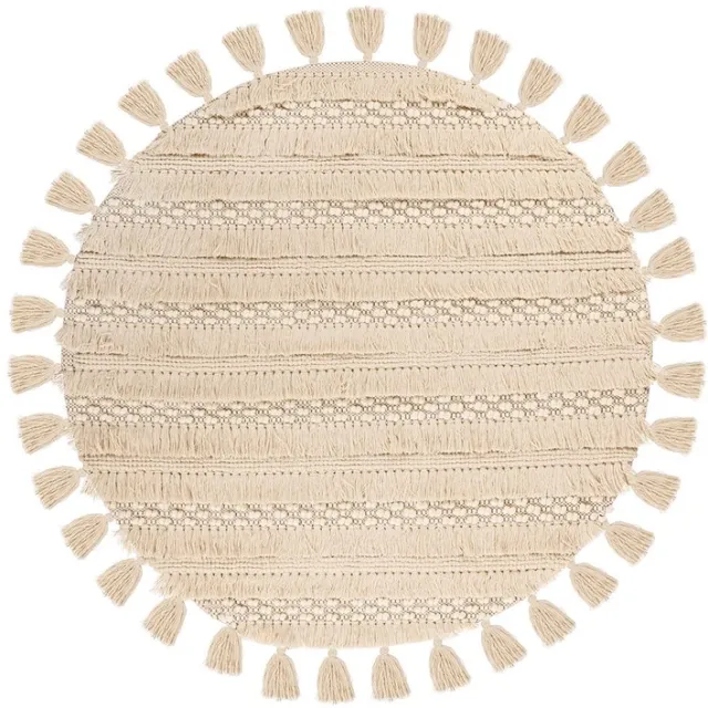 Padiro rond stijlvol laagpolig vloerkleed Ø 160 cm - lichtbeige - geometrisch boho-streeppatroon - met franjes - voor vloerverwarming - van wol en katoen