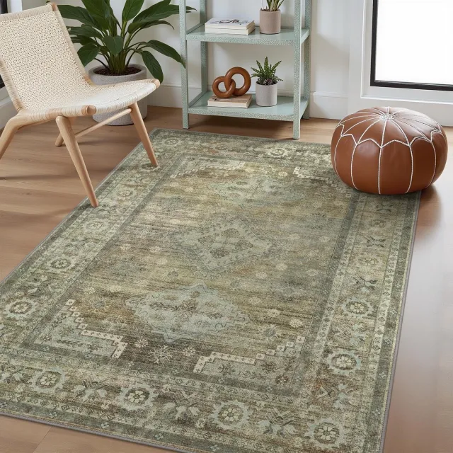 Famanu Vintage vloerkleed voor woonkamer, met antislip onderkant, wasbaar vloerkleed van 120x170 cm, geschikt voor slaapkamer en keuken, saliegroen