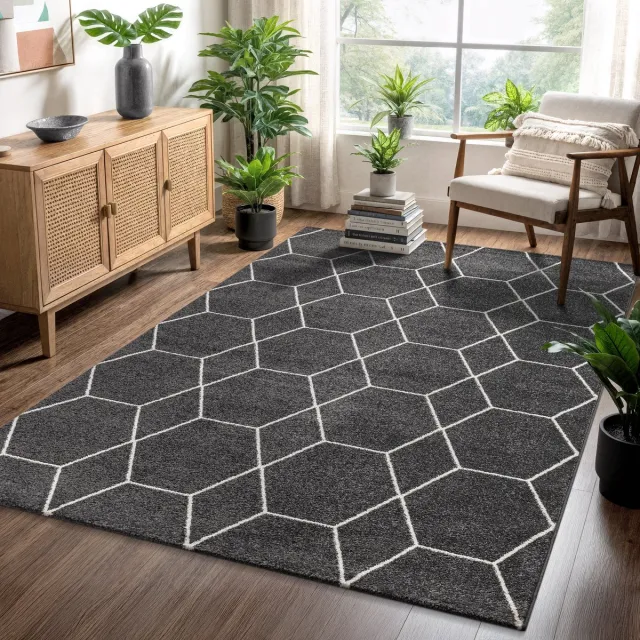 Muratap Trellis Uni Laagpolig Vloerkleed Donkergrijs- 120x170 CM