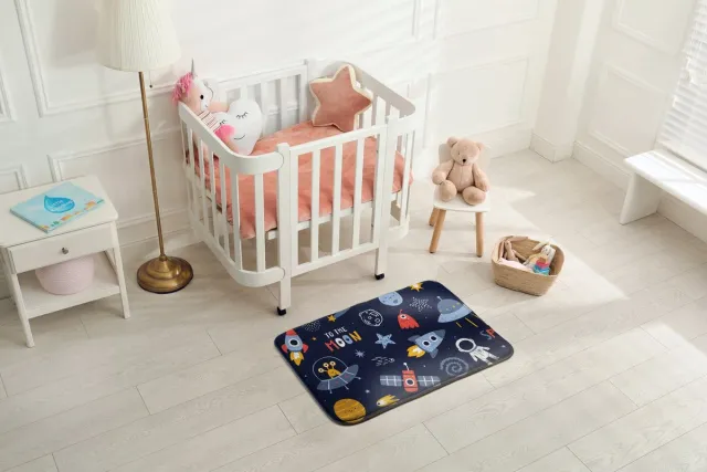 Coloray Vloerkleed voor Kinderkamer - Marine Tapijt Voor Woonkamer - Ruimte En Raketten Vloerkleed - Geel Accenten Tapijt Voor Slaapkamer - Antislip Vloerkleed Voor Slaapkamer - 90x60 cm Marine - Buitenaardse wezens en Kosmonauten