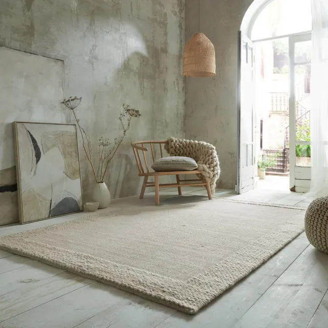 flycarpets Rue Modern Laagpolig - Wol - Kader Vloerkleed - Naturel / Creme