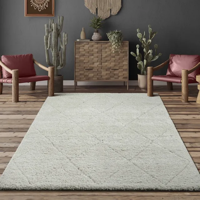 the carpet Bahar Shaggy – Hoogpolig vloerkleed met ruitpatroon in Scandinavische stijl, crème crème met ruitpatroon