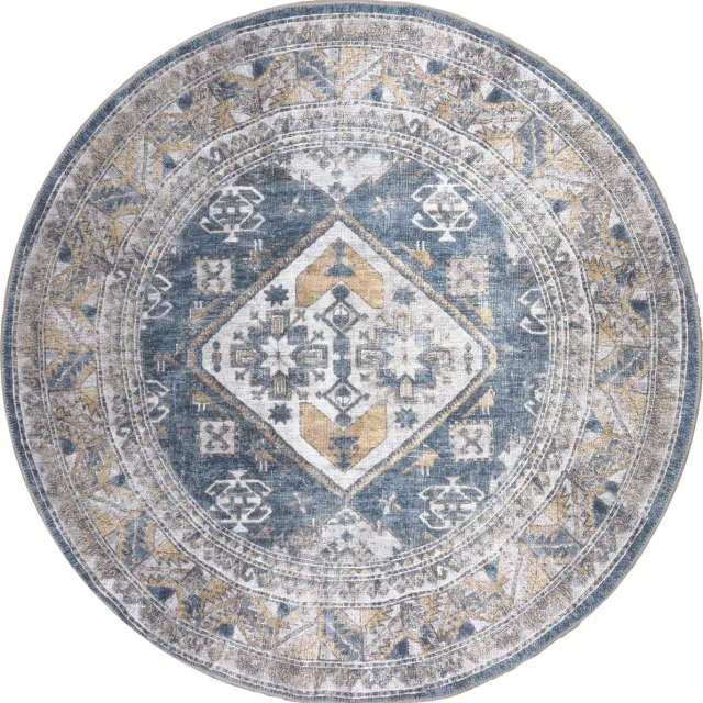 Veer Carpets Vloerkleed Laria Blue 4 Rond - ø120 cm - Laagpolig – Vintage / Klassiek Medaillon Blauw