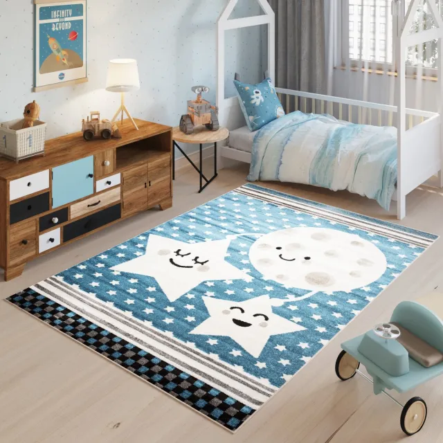 Tapiso Fiesta Vloerkleed Blauw Beige Sterren Kinderkamer Tapijt Blauw Wit