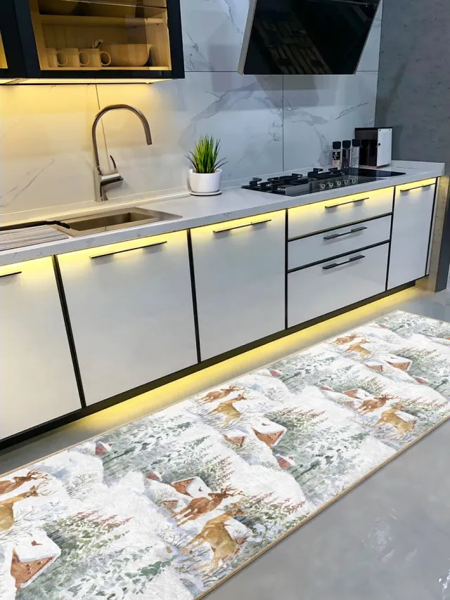 De Groen Home Vloerkleed 65x180cm Keukenloper - Berghuisje - Wasbaar Antislip - Laagpolig Zacht Tapijt- Kerst huisdecoratie Wit