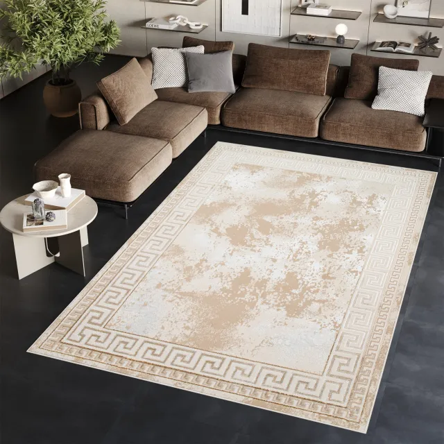 Tapiso Ares Vloerkleed Beige Laagpolig Oriental Woonkamer Frame Tapijt Maat- 160x220