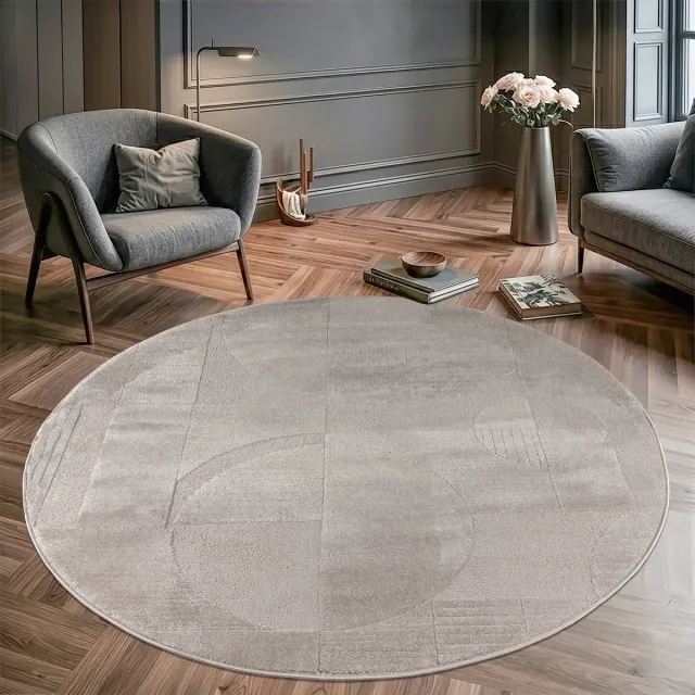 Muratap Vivant Japandi Abstract - Rond Vloerkleed Laagpolig - Taupe Beige- 240 CM Ø