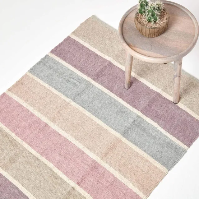 Homescapes 100% katoenen gestreept chenille vloerkleed in pastelkleuren, 60 x 100 cm Blauw, Beige, Paars, Grijs, Natuurlijk