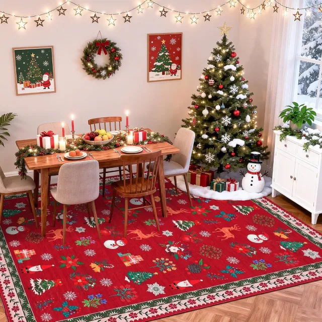 Triumpunpre Vloerkleed 160x230 cm, Rood, Kerst Sneeuwpop Motief, Wasbaar, Antislip, Zacht Polyester