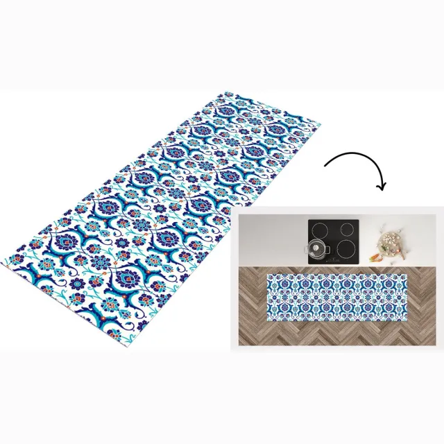 KitchenYeah Keukenloper - Loper keuken - Bloemen - Patronen - Blauw - Keukenloper vinyl Multicolor