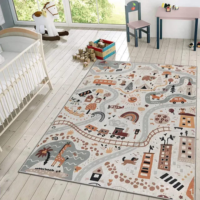 Zeo Wood Vloerkleed Kinderkamer - Speelkleed Baby - Speelmat - Speeltapijt - Tapijt voor Kinderkamer - 120*180 cm - Anti Slip - Machinewasbaar wit auto