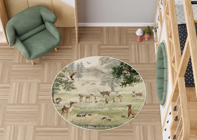 Kikki Belle Vloerkleed Forest Fun Kikki Belle-kinderkamer-bosdieren-hertjes-uil-konijn-kinderkameraccessoires-stoffen kleed-rond-100cm natuurlijke tinten