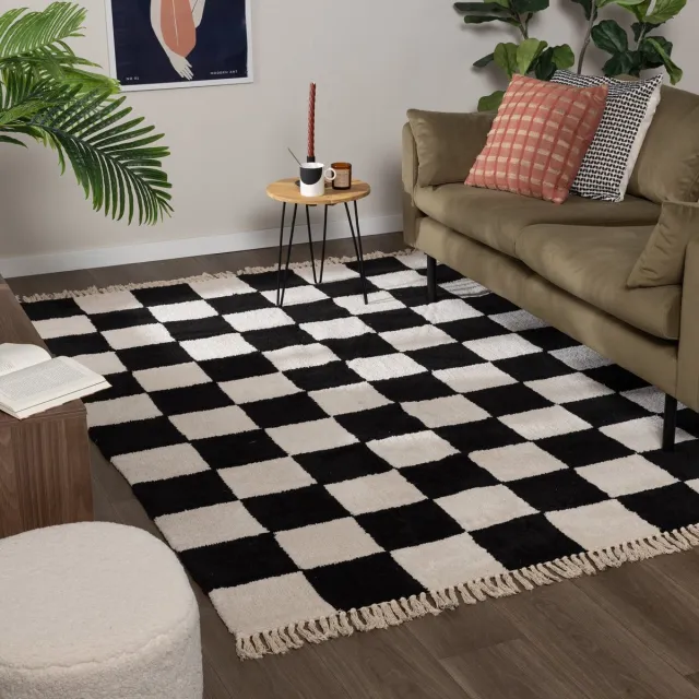 Fraai Checkerboard vloerkleed - Blox Fringe Zwart/Wit