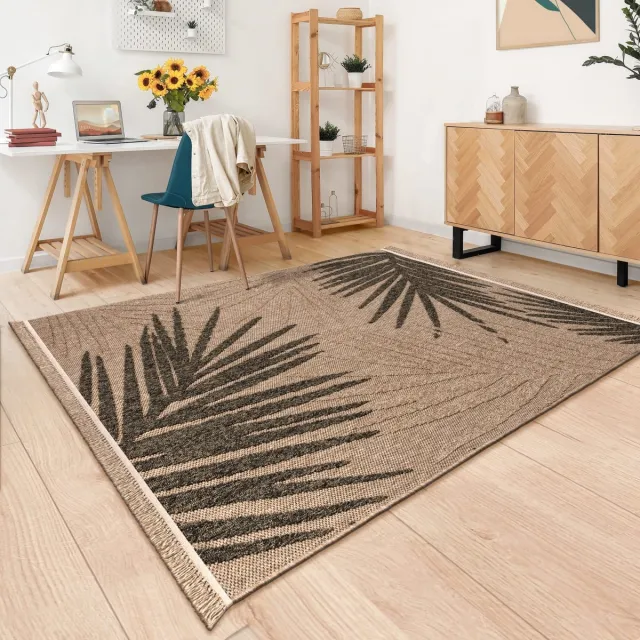 TT Home Binnen- en buitentapijt Woonkamer Weerbestendig Balkon Boho Bladmotief 3D Franjes 200 x 280 cm Rechthoek 200 x 280 cm Rechthoek beige