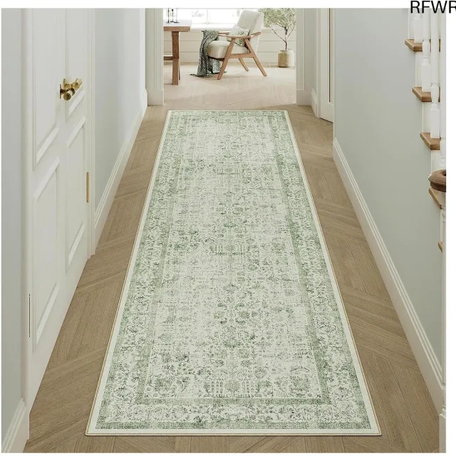 RFWR Vintage Loper Tapijt Groen 60x180 cm - Antislip, Machinewasbaar Vloerkleed voor Keuken en Woonkamer