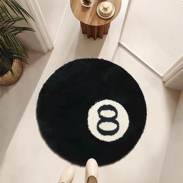 Ball 8-ball flocked zwart-wit vloerkleed - antislip en wasbaar - zacht rond vloerkleed geschikt voor woonkamer, eetkamer en slaapkamer (80cm)