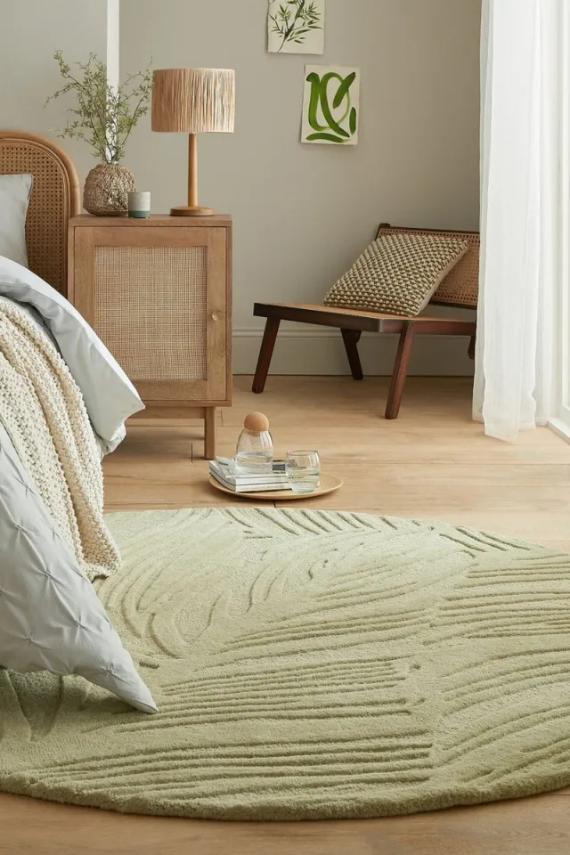flycarpets Lino Leaf Modern Laagpolig - 100% Wol Vloerkleed - Salie Groen