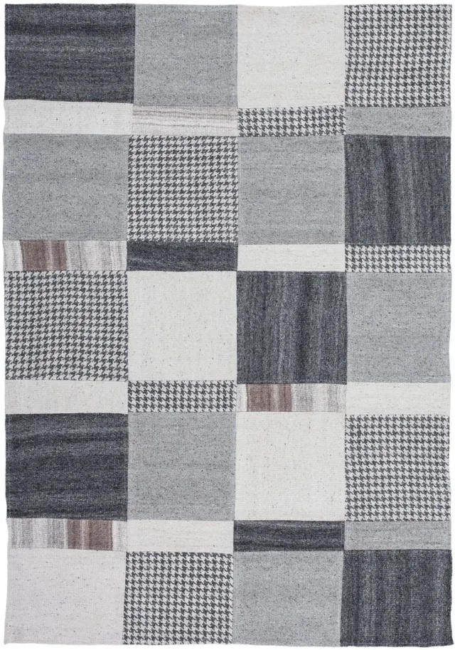 Padiro design laagpolig vloerkleed - lichtgrijs - modern patchwork - met grote vierkante vlakken - met pied-de-poulepatroon - voor vloerverwarming - van wol en katoen