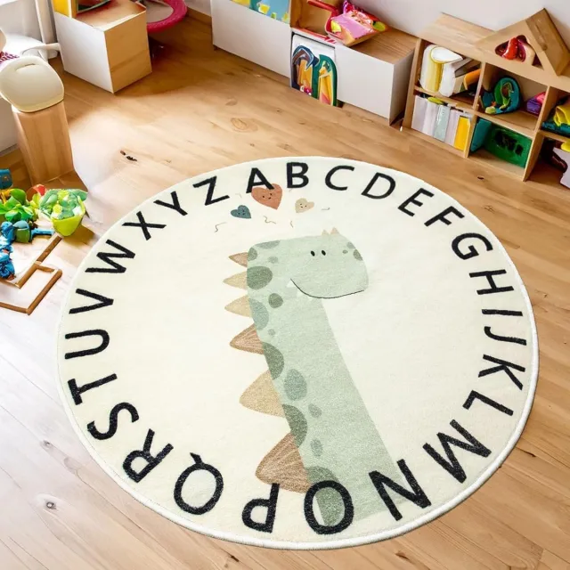 Tapis Design dinosaurus tapijten, zacht schattig kindertapijt laagpolige kinderkamer jongens meisjes slaapkamer tapijt antislip wasbaar kinderen tapijten voor speelkamer, rond 100 cm, beige