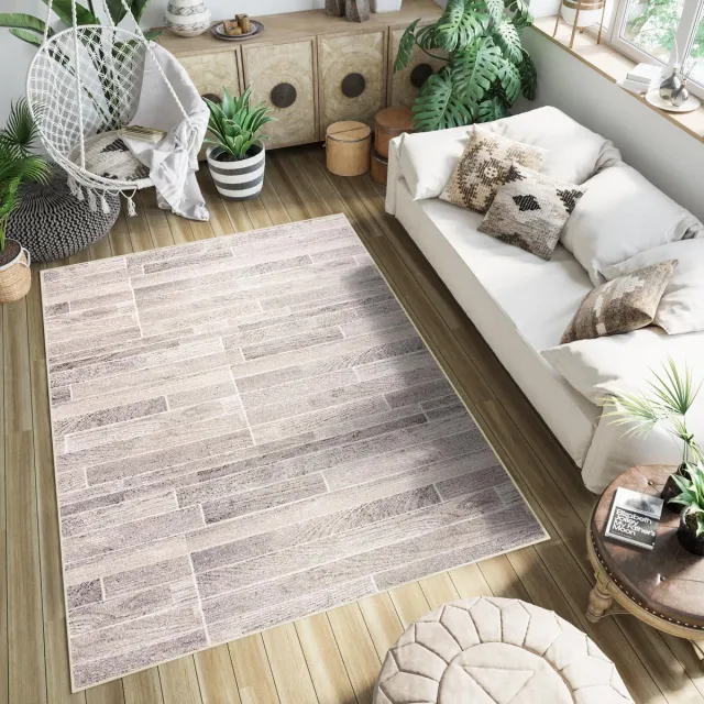 Tapiso Fiesta Vloerkleed Laagpolig Woonkamer Hout Tapijt Beige