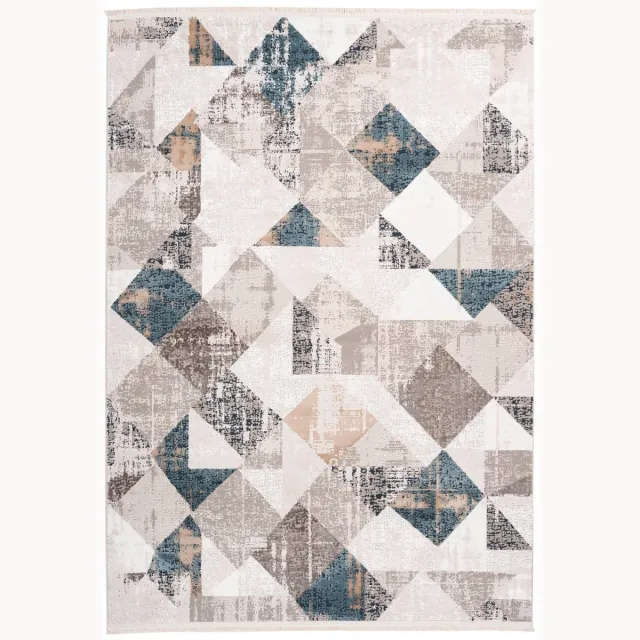 Padiro design laagpolig vloerkleed 80 x 150 cm - lichtbeige - modern abstract ontwerp - met franjes - voor vloerverwarming - van polyester en katoen