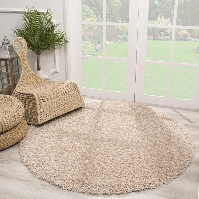 Muratap Rond Loca Shaggy Vloerkleed – Modern Uni Effen – Beige Hoogpolig & Zacht- 150 CM Ø