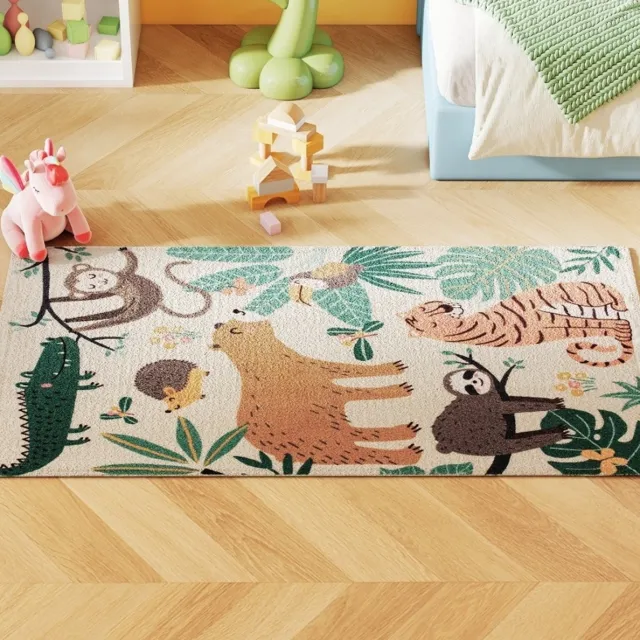 MEUNIQ vloerkleed 150 x 80 cm met jungle motief en dierenprint, rechthoekig polyester tapijt met Sherpa-fleece en antislip onderzijde voor slaapkamer of hal Crèmewit