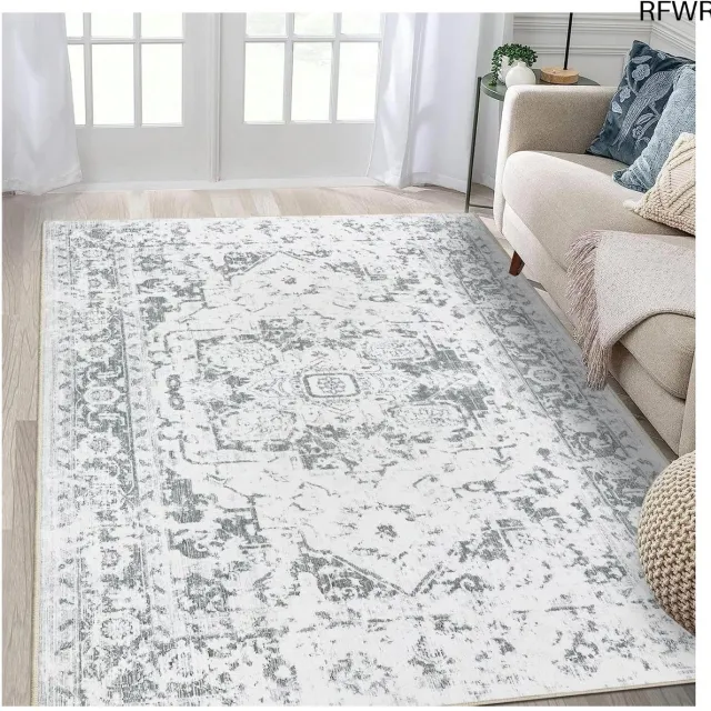 RFWR Zacht en Pluizig Tapijt voor Woonkamer en Slaapkamer - Antislip Vintage Vloerkleed 120 x 170 cm Wit en Lichtgrijs