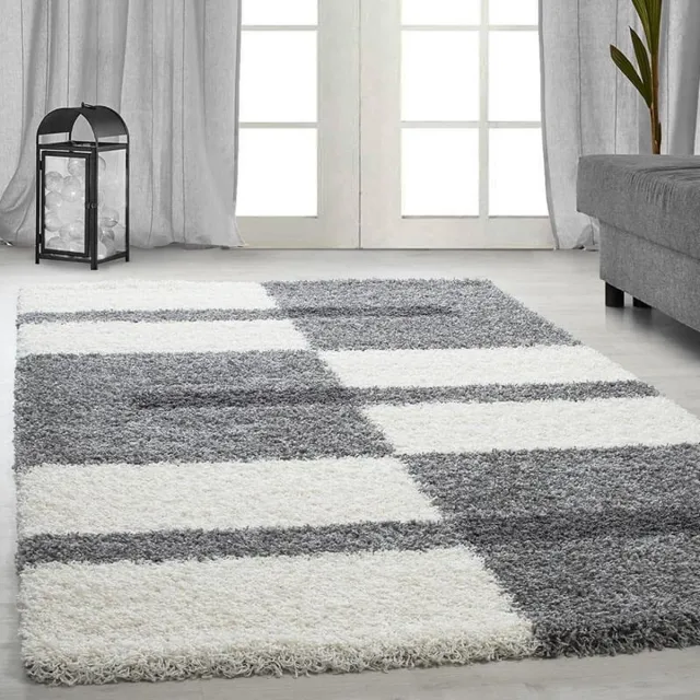 Gala Hoogpolig vloerkleed met ruitpatroon, lichtgrijs, geschikt voor de woonkamer, met jute achterkant, afmetingen: 280 x 370 cm