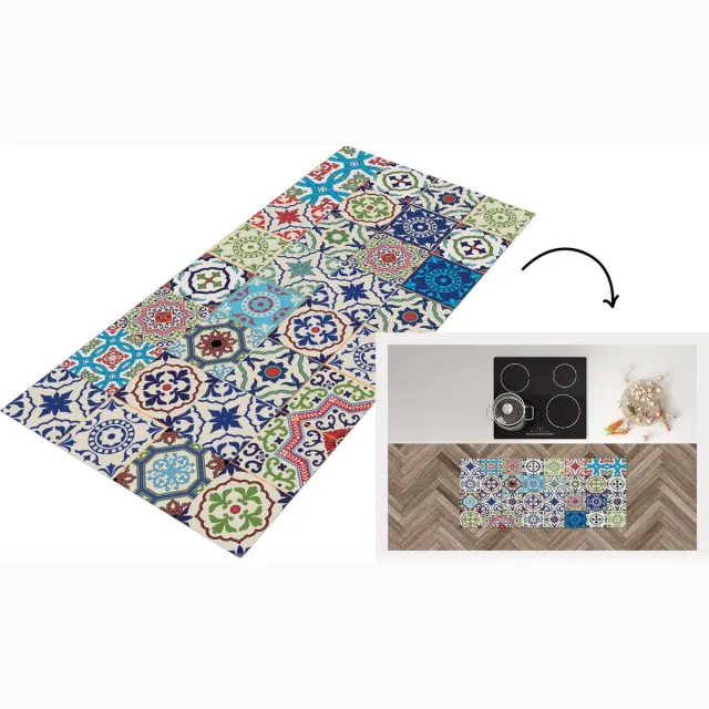 KitchenYeah Keukenloper - Loper keuken - Bloemen - Patronen - Groen - Blauw - Keukenloper vinyl Multicolor