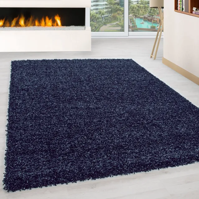 Ayyildiz Hoogpolig vloerkleed, effen kleur - marineblauw, vloerkleed voor de woonkamer, jute achterkant, afmeting: 80 x 150 cm