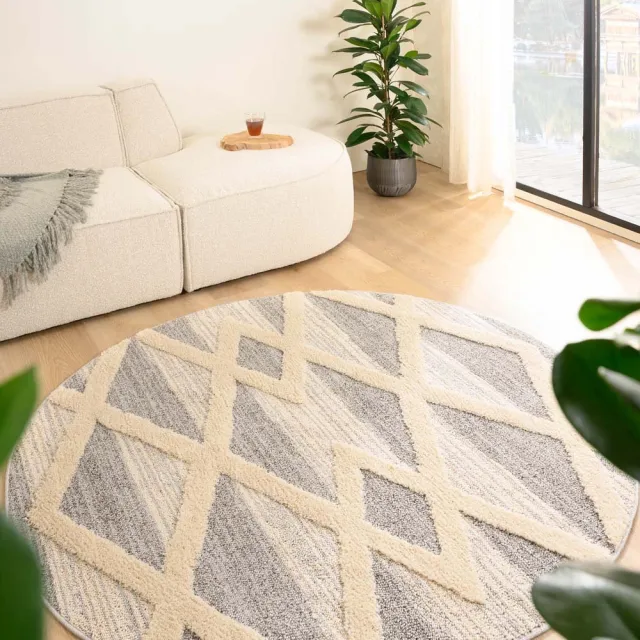 Tapeso Scandinavisch vloerkleed rond - Fjord Farger grijs/crème 160