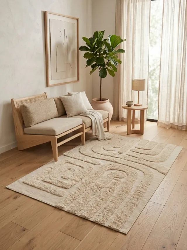 !MERKL0OS Ardful - Japandi Vloerkleed - 100x150 cm - Beige Getuft Tapijt - Organische Vormen - Relief Structuur - Duurzaam & Zacht - Scandinavisch Design
