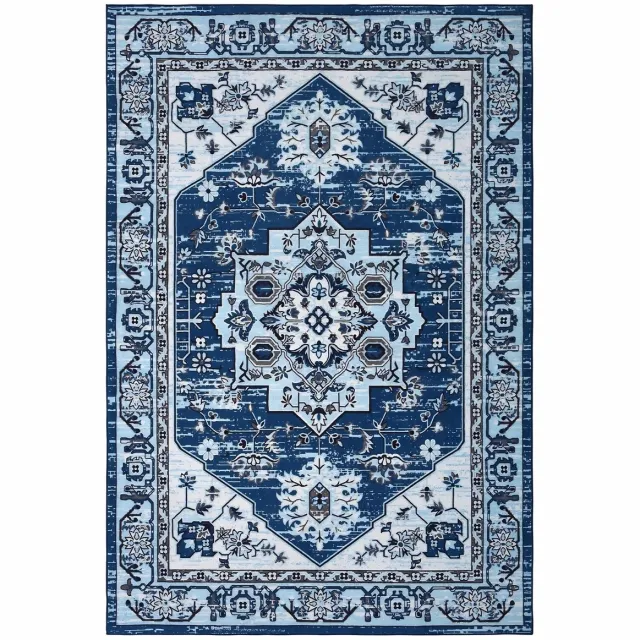 Happiq Vintage Deurmat 80x150cm - Laagpolig, Machinewasbaar en Antislip - voor hal en slaapkamer - Blauw Polyester