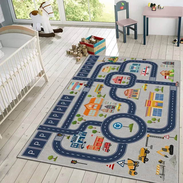 Zeo Wood Vloerkleed Kinderkamer - Speelkleed Baby - Speelmat - Speeltapijt - Tapijt voor Kinderkamer - 120*180 cm - Anti Slip - Machinewasbaar Blauw – Auto speelkleed