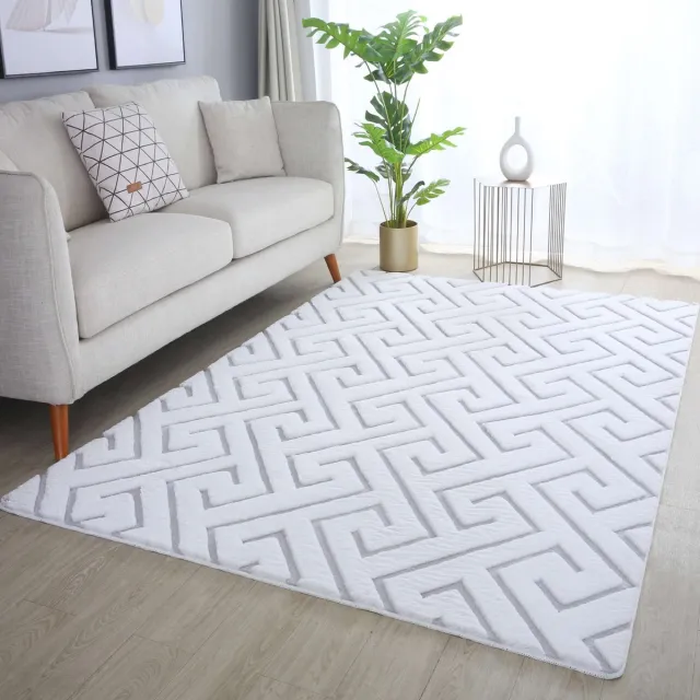 flycarpets Nonia Hoogpolig Fluffy 3D Design Geometrisch Vloerkleed - Wit / Zilver Grijs