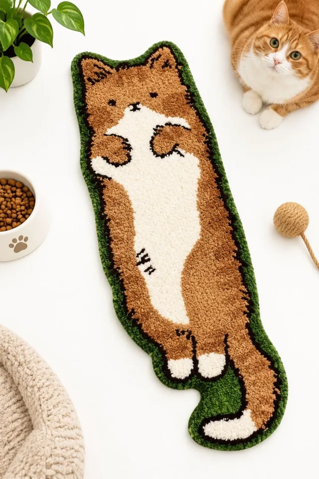 VHV Mat - Vloerkleden - Vloerten - 40X120cm - Vloerkleden in de vorm van een kat - Decoraties met kattenthema - Geschikt voor kinderkamers en slaapkamers - Slaapkamerkleden... groen