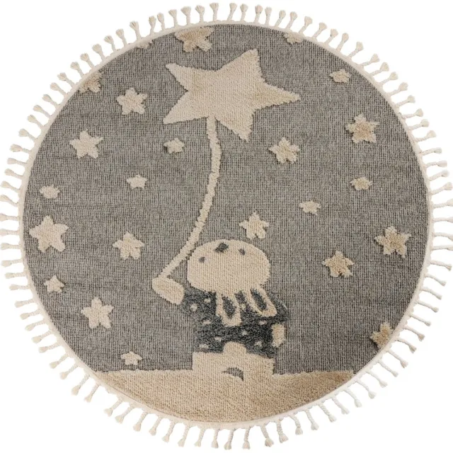 Padiro rond speels kindervloerkleed - lichtbeige - speels kindermotief - met konijnen- en sterrenmotief - van polypropyleen