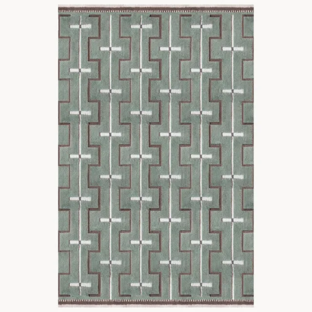 Layered Handgeweven wollen vloerkleed Swedish Homage Johanna met hoog-laag structuur Groen