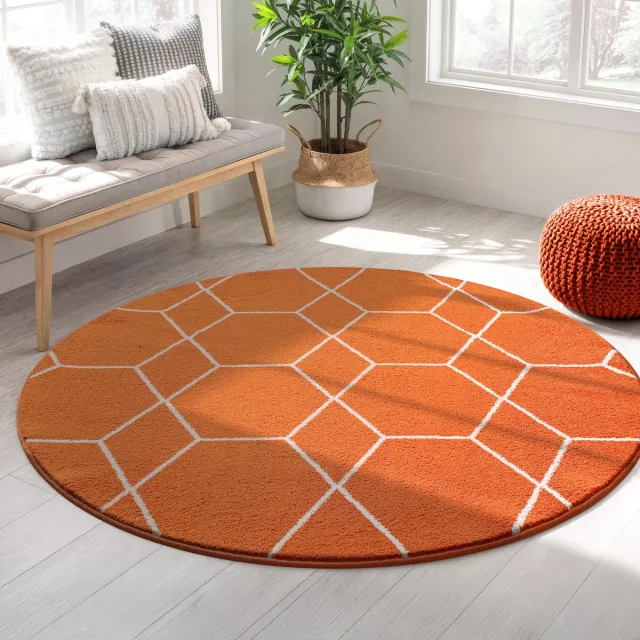 Muratap Trellis Uni Rond Laagpolig Vloerkleed Oranje- 120 CM Ø