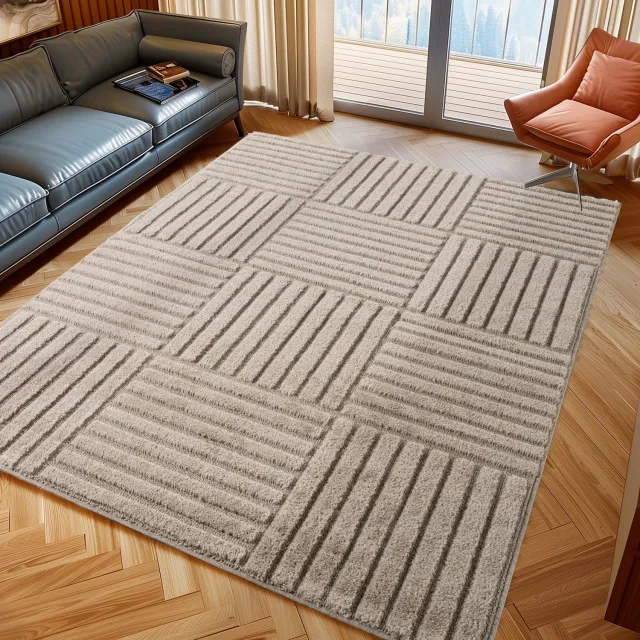 Moonay Kiyaro Kubo Vloerkleed Beige 280 x 370 cm - Japandi Scandinavisch - Geometrische Strepen - Hoog- en Laagpolig 3D