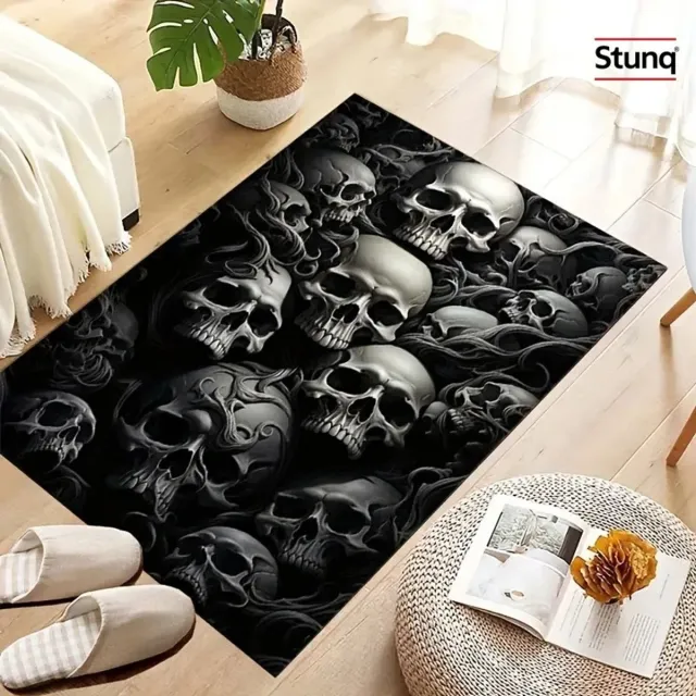 Stunq Gotisch Schedelpatroon Vloerkleed – Antislip & Machinewasbaar Zwart