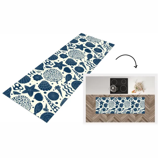 KitchenYeah Keukenloper - Loper keuken - Schelpen - Strand - Blauw - Patroon - 150x50 cm - Keukenloper vinyl Multicolor